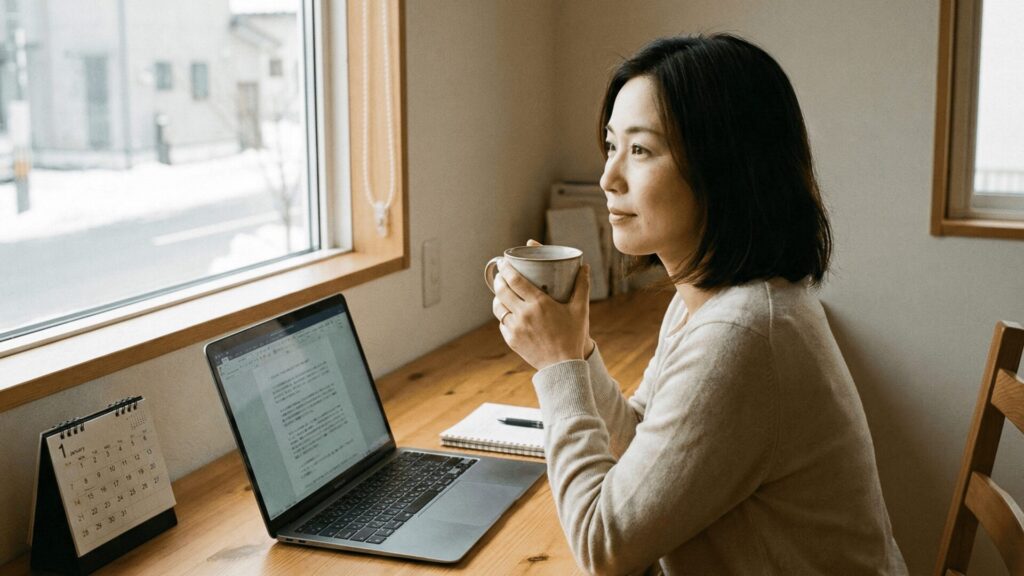 大阪の探偵事務所で、新年の浮気相談について考えながら窓の外を見る女性カウンセラーの様子