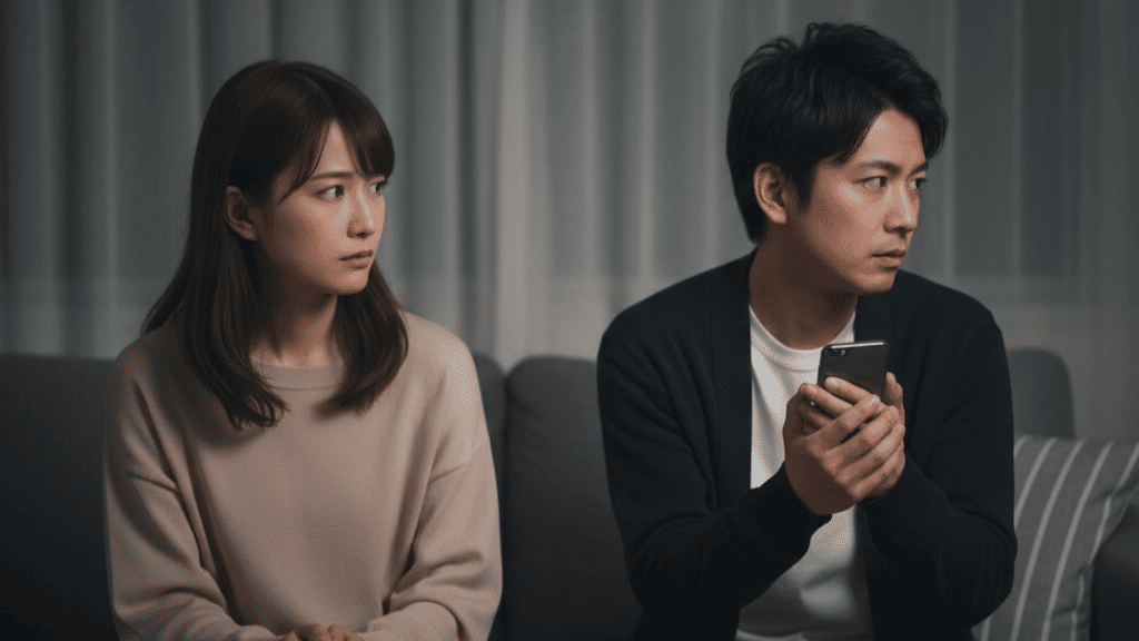 日本人男性がテーブルの下でこっそりスマホを操作しているクローズアップ。浮気の兆候を示す警戒心の強い行動。