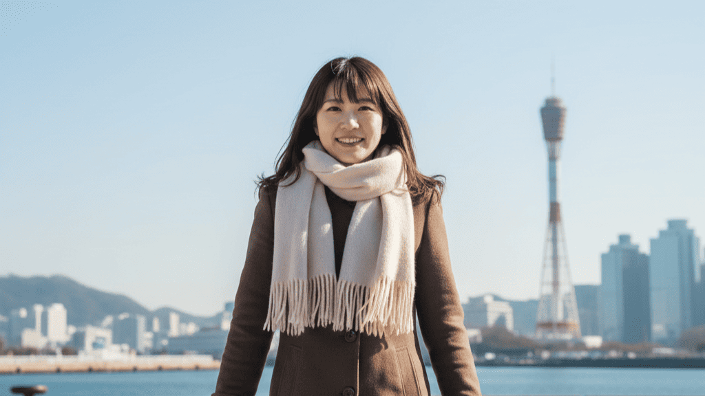 神戸メリケンパークで、前を向いて歩き出す日本人女性。浮気の悩みを乗り越え、人生を再構築するという希望。