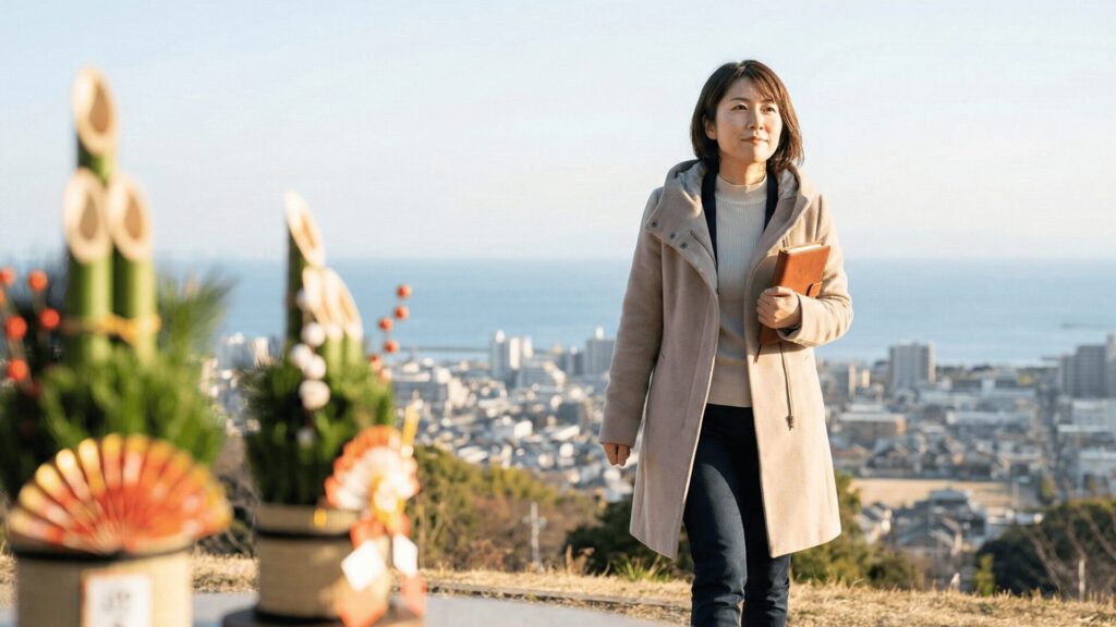 芦屋の街を一望する高台で、お正月の違和感を乗り越え、希望を持って新しい人生の「RESTART」へと歩き出す女性の姿。