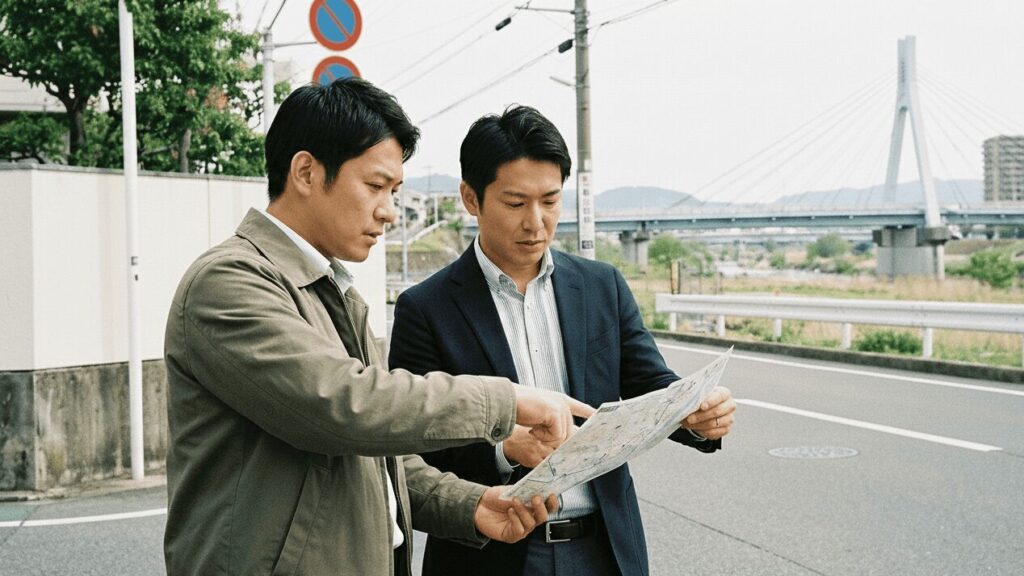 地図を広げて調査ルートの打ち合わせを行う二人の日本人男性探偵。背景には猪名川大橋(ビッグハープ)が見え、土地勘を活かした地域密着型の調査を行っている様子。