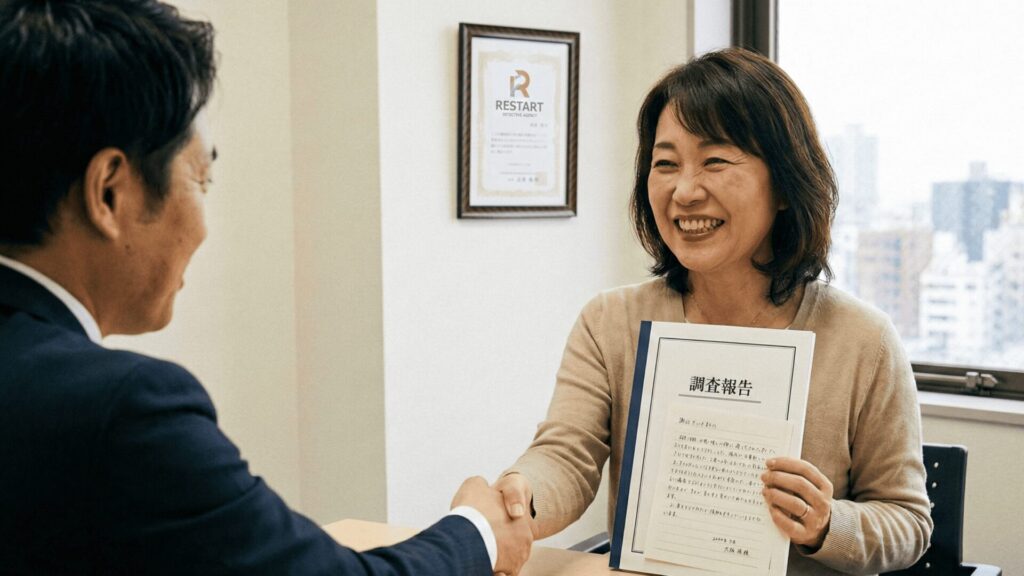 RESTART探偵事務所で浮気調査が完了し、調査報告書を受け取って安堵の笑顔でスタッフと握手をする依頼者様の解決事例イメージ