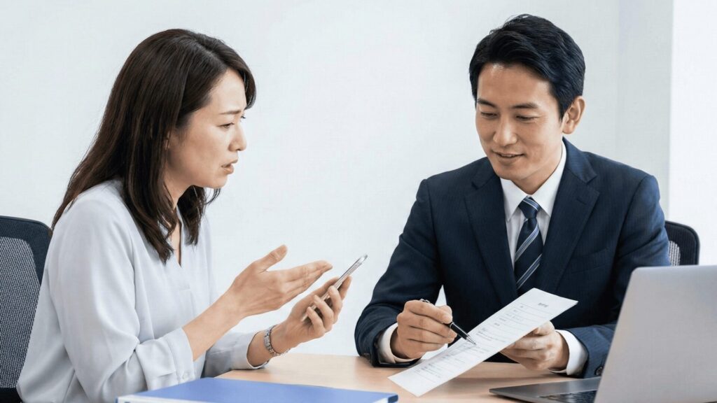 浮気の証拠集めに限界やリスクを感じ、プロの探偵事務所で相談している女性の様子。スマホの画面を見せながら不安な表情で状況を説明する依頼者に対し、スーツ姿の専門家が書類を用いて適切な調査プランやアドバイスを提案している、信頼できる相談風景。