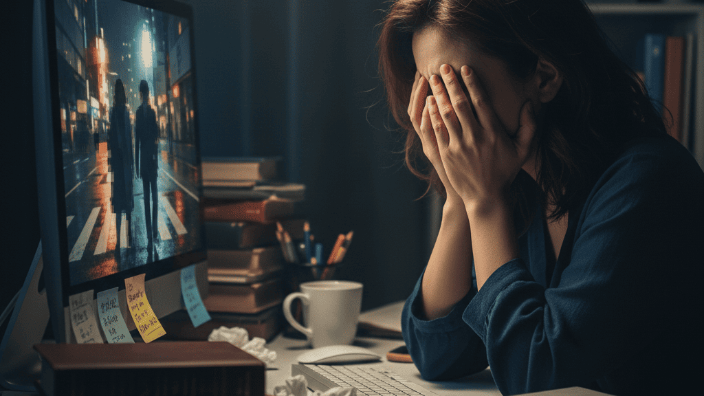 浮気調査に失敗し、ブレた写真を見つめながら暗い部屋で頭を抱える日本人女性。自己調査のリスクと精神的負担。