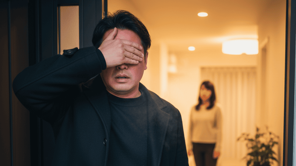 寒さを理由に帰宅したにも関わらず、不自然に顔が赤い日本人男性。浮気の隠蔽工作の兆候。