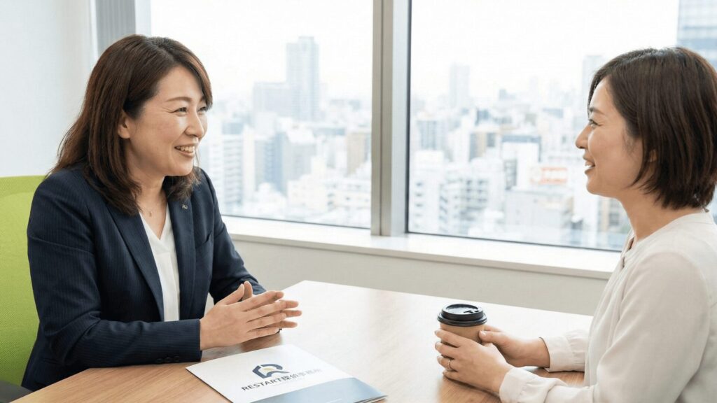 大阪のRESTART探偵事務所で、専門のカウンセラーに浮気の悩みを相談し、解決の糸口が見えてホッとした安心した表情を浮かべる女性。プロのサポートを得て、不安な日々から抜け出し、新しい一歩（RESTART）を踏み出す瞬間をイメージした写真。