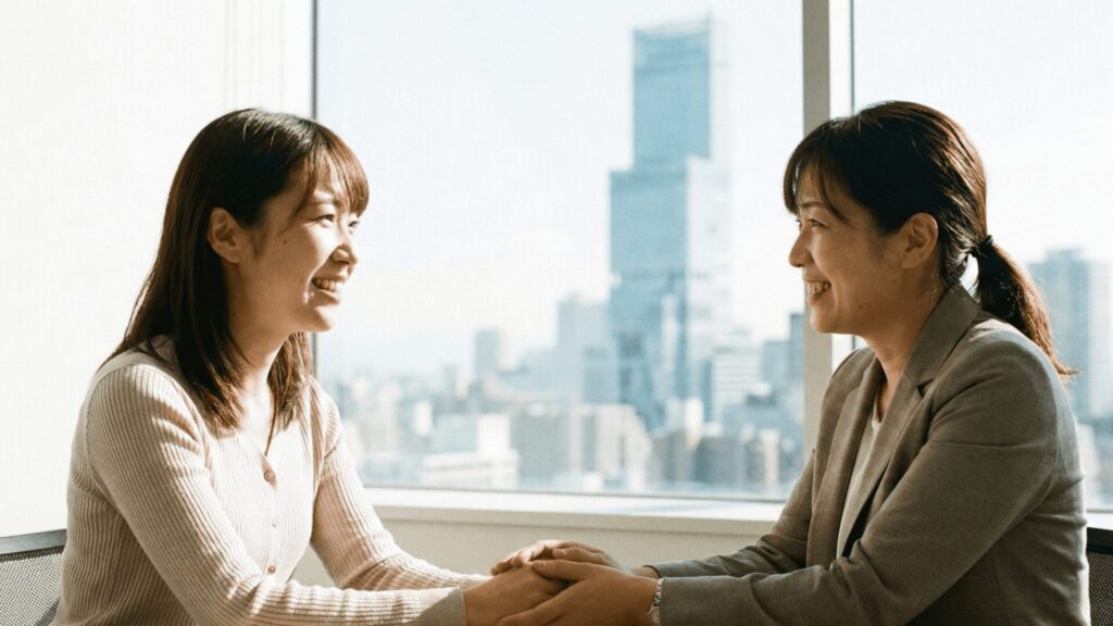 大阪・天王寺の景色が見える明るい相談室で、不倫の不安を専門のカウンセラーに相談し、手を握り合って安心した笑顔を見せる依頼者のイメージ