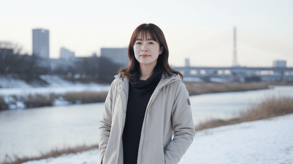 冬の澄んだ空気の中、大阪府池田市の猪名川河川敷で、力強い眼差しで前を見据える日本人女性。浮気の不安を乗り越え、真実を知る勇気を持って人生の再出発(RESTART)を決意した清々しい表情。