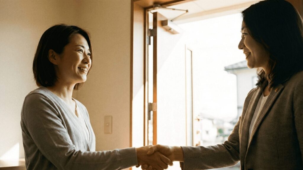 探偵事務所での相談を経て、安心と希望を取り戻し、新たな一歩を踏み出す女性のイメージ。