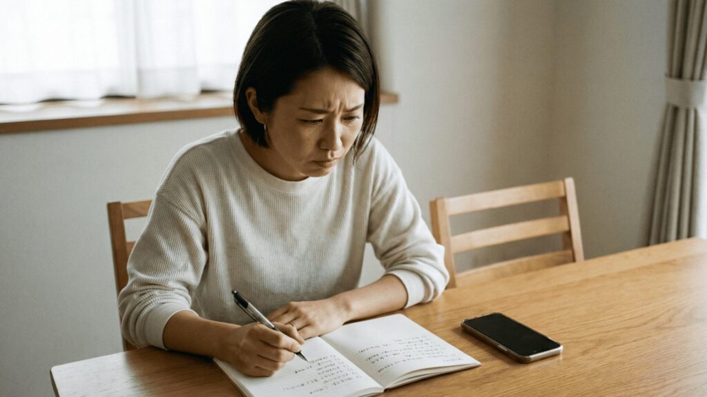 自宅のリビングで、浮気のチェックリストが書かれたノートを前に、深刻な表情でペンを握る日本人女性。パートナーの怪しい行動パターンと照らし合わせ、不安と葛藤を抱えている様子。