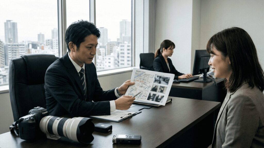 大阪の探偵事務所が浮気調査で使用するプロ仕様の望遠カメラなどの機材と、裁判で証拠として使える調査報告書のイメージ