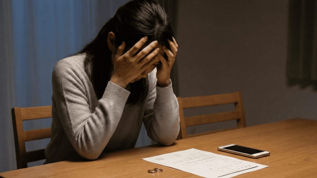 浮気の疑いが濃厚になり、一人で悩み苦しんでいる女性の姿。問題を放置することで夫婦関係が崩壊していく未来を案じ、決断を迫られている緊迫した心理状態を表現したイメージ。