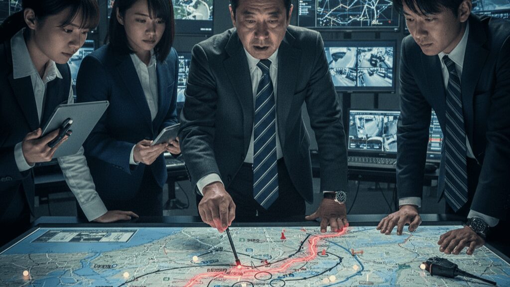 大阪の御堂筋線沿線の地図を指し示す、プロの日本人探偵の手。エリアに精通した正確な調査の必要性。