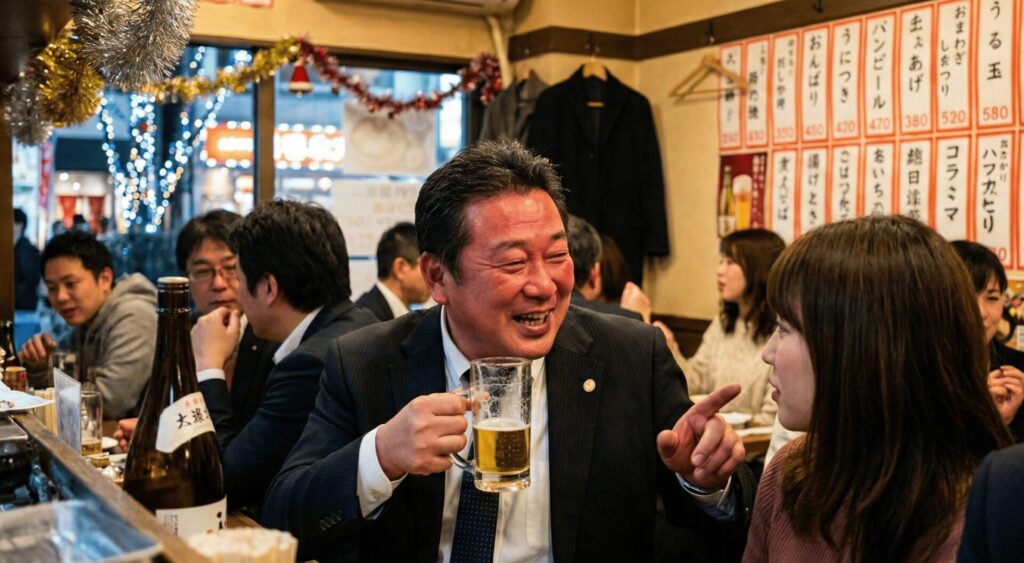 クリスマスシーズンの大阪の大衆居酒屋で、サンタ帽をかぶった酒瓶を前に、顔を赤らめて酔った中年男性が若い女性と親しげに談笑している様子。忘年会を口実にした浮気デートの可能性を示唆する場面。