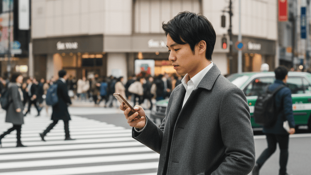 神戸三宮・元町周辺の交差点で、周囲を警戒しながらスマホを操作する日本人男性。エリア別の浮気行動チェック。
