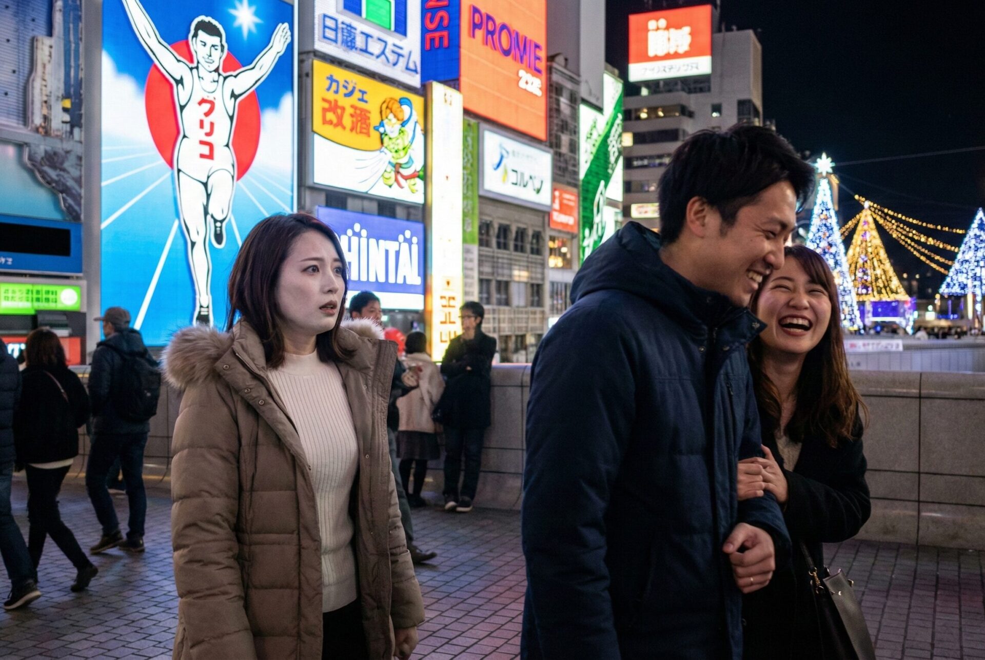 冬の大阪・難波、グリコサインの輝く雑踏の中で、楽しそうに別の女性と腕を組んで歩くパートナーの姿を目撃し、ショックで顔面蒼白になる女性。