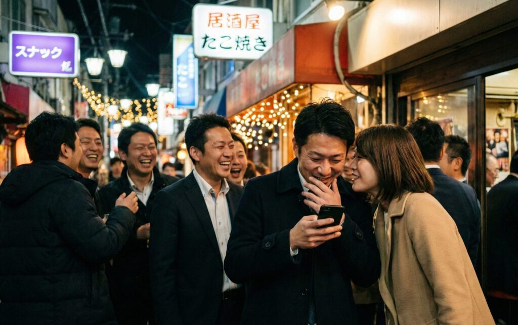 堺東(ガシ)の忘年会シーズン。同窓会グループの中で、特定の女性と親密にスマホを覗き込む男性。浮気につながる夜の交流の様子。