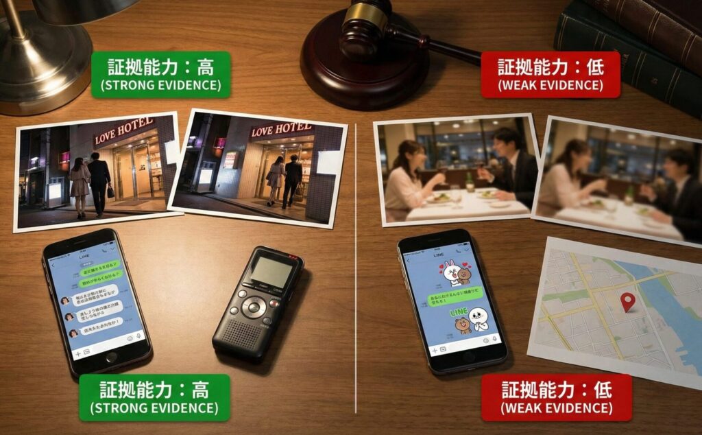 裁判所の木槌（ガベル）と、机の上に整理された浮気調査の報告書や証拠写真。法的な「不貞行為」の定義に基づき、裁判で有効となる証拠資料を象徴したイメージ。