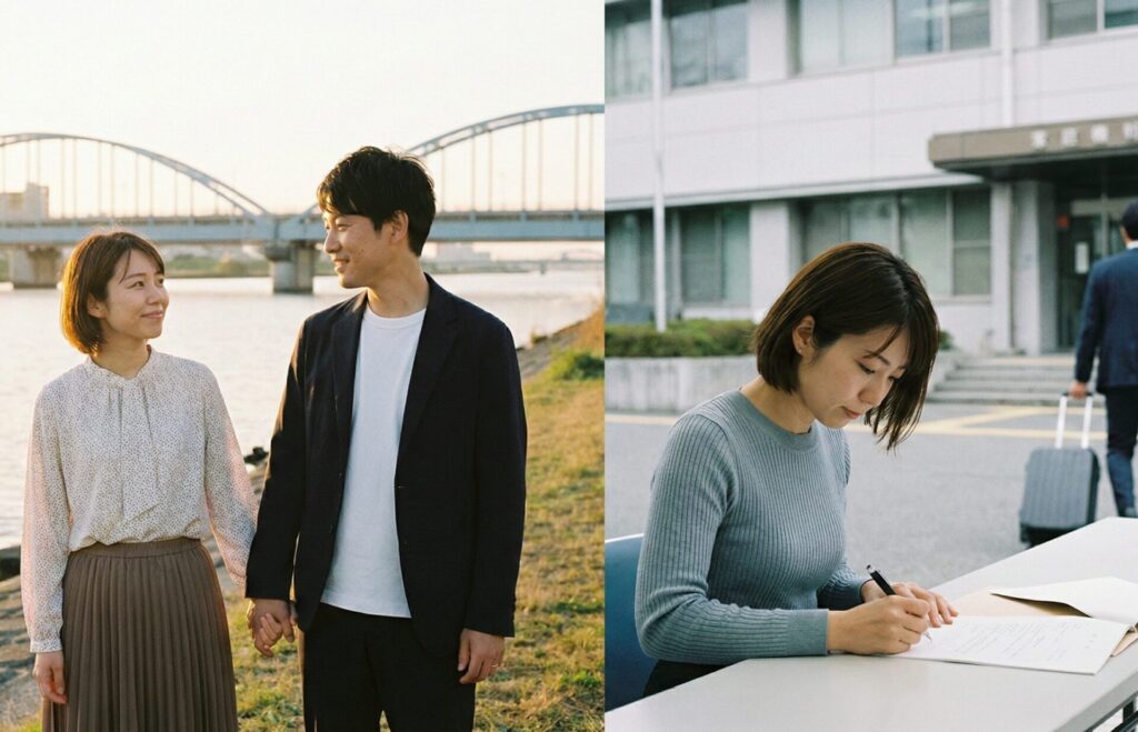 大阪市此花区在住・30代夫婦の浮気解決事例を対比させたイメージ画像。左側は夕暮れの淀川河川敷で手を繋ぎ関係修復（再構築）した笑顔の夫婦、右側は役所の前で離婚届にサインし、それぞれ新たな人生へ踏み出す男女の様子。