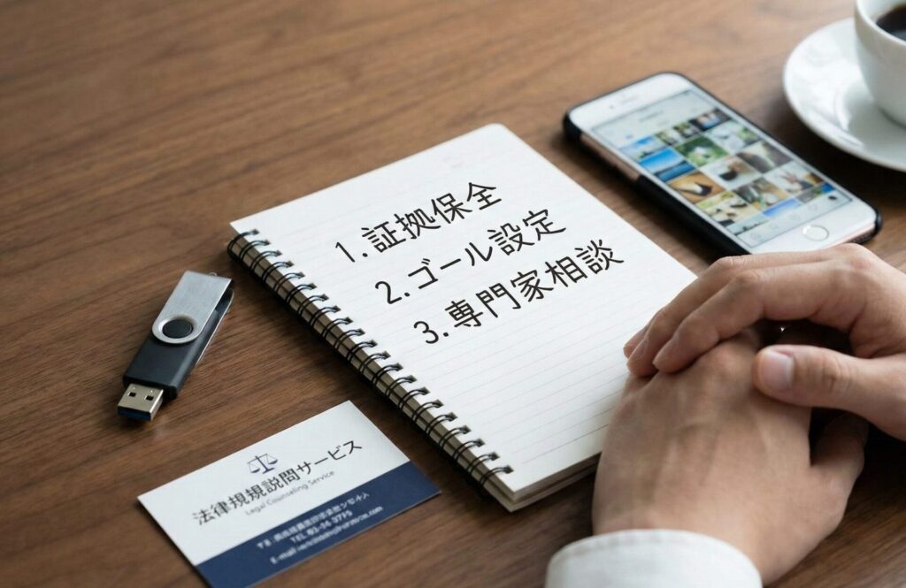 木の机の上で手を組み冷静に考えをまとめる様子。ノートには「1. 証拠保全、2. ゴール設定、3. 専門家相談」という3つの準備リストが手書きされ、脇には証拠データの入ったUSBメモリと弁護士（法律顧問）の名刺が置かれている。浮気発覚後の冷静な対応をイメージした写真。
