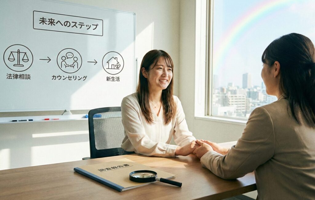 RESTART探偵事務所の相談室にて、調査報告書を前に女性カウンセラーが依頼者の手を握り、笑顔で「調査のその先」について話している様子。ホワイトボードには法律相談、カウンセリング、新生活へと続く「未来へのステップ」が示され、窓の外には希望を象徴する虹がかかっている。