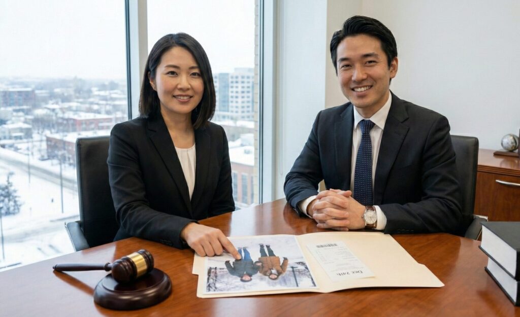 法律事務所のオフィスで、冬の浮気証拠(雪の中のカップルの写真とレシート)を指差し確認する日本人弁護士たち。慰謝料請求や離婚に向けた法的な準備の様子。