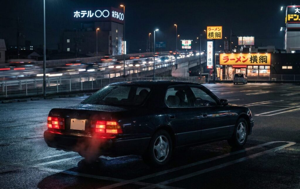 堺市の国道26号線(ニーロク)沿いの夜間駐車場に停まる車。帰省移動中の「空白時間」に使われるロードサイドの密会スポットの様子。