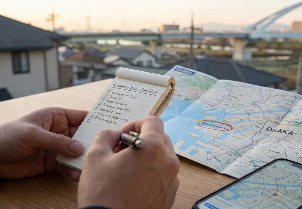 大阪市此花区の地図とスマートフォンを横に置き、『Konohana Ward Checklist』と手書きされたメモ帳で浮気の初期チェック項目を確認している男性の手元。背景は夕暮れの此花区の風景。