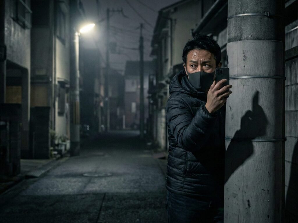 堺市堺区の夜の住宅街で、電柱の陰に隠れて緊張しながら張り込み撮影を行う男性。素人が自分で浮気調査(尾行・張り込み)をすることのリスクと危険性を表現したイメージ画像。