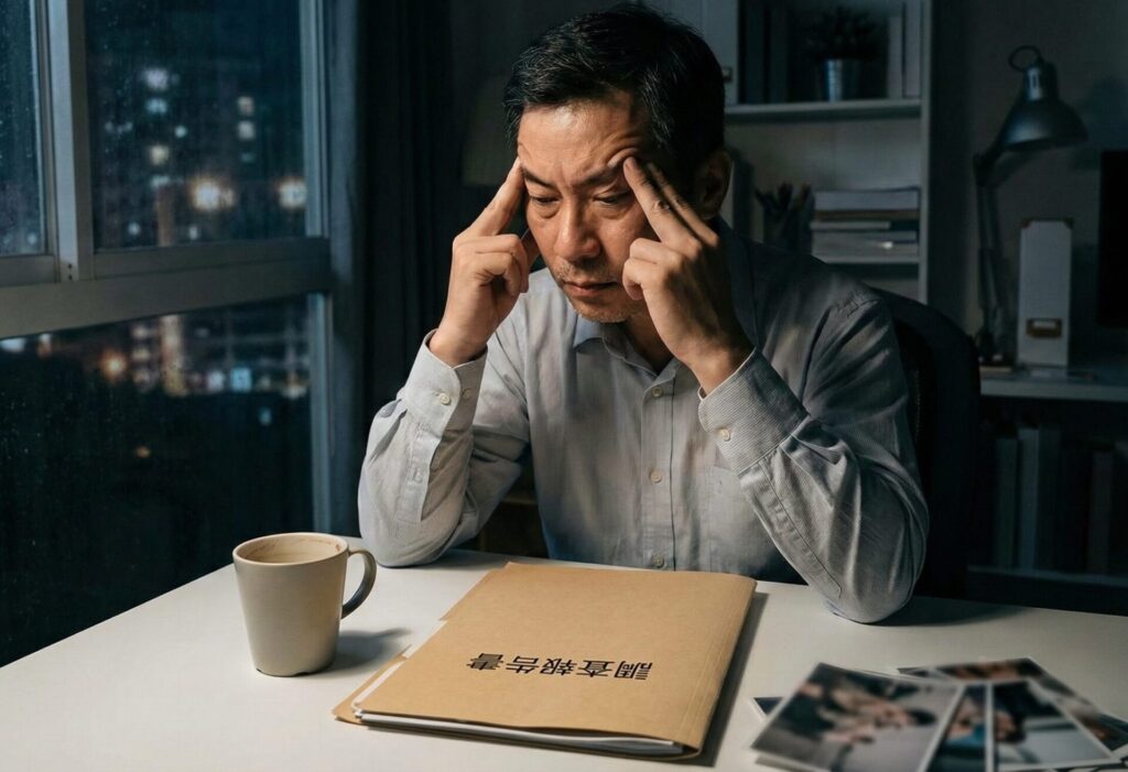 薄暗いオフィスで、デスクに置かれた調査報告書を前に、窓の外の夜景を見つめながら深く思索にふける探偵のシルエット。真実を知ることの重みと、プロとしての葛藤を表現したイメージ。