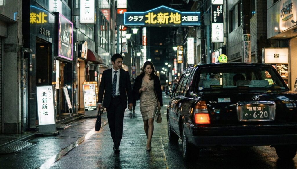 大阪・キタの高級歓楽街「北新地」のネオンの下、接待を口実にホステス風の女性と密会し、タクシーの横を歩くスーツ姿の男性の様子。