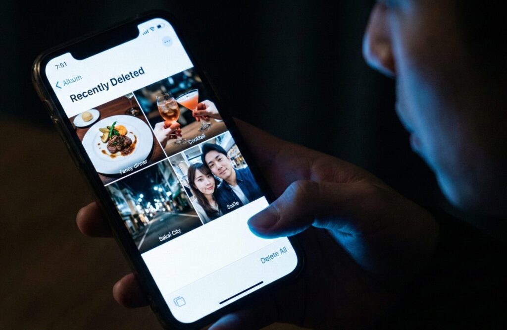 スマホの「最近削除した項目」に残された、浮気デートの食事や夜景の写真。デジタル遺留品として発覚する不貞の証拠。