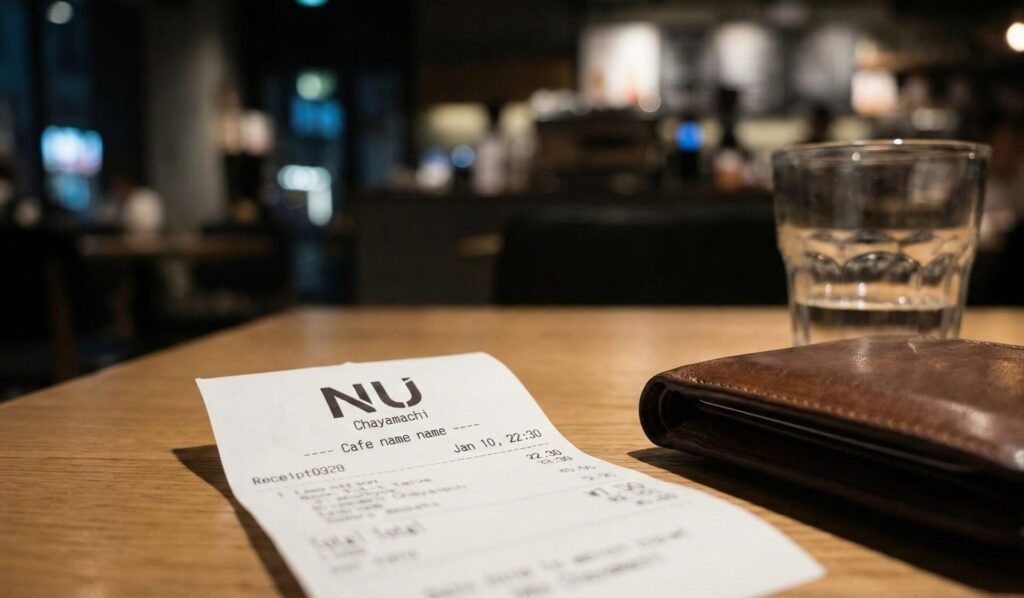 グランフロント大阪や茶屋町の洗練された街並みを背景に、浮気の決定的な証拠となる「お洒落なカフェのレシート(21時以降の刻印)」が写っているイメージ。