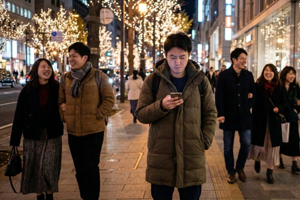 大阪・御堂筋の華やかな冬のイルミネーションの中、周囲の幸せそうなカップルとは対照的に、一人で孤独にスマホを見つめる男性。冬のイベント特有の高揚感と寂しさが入り混じる心理描写。