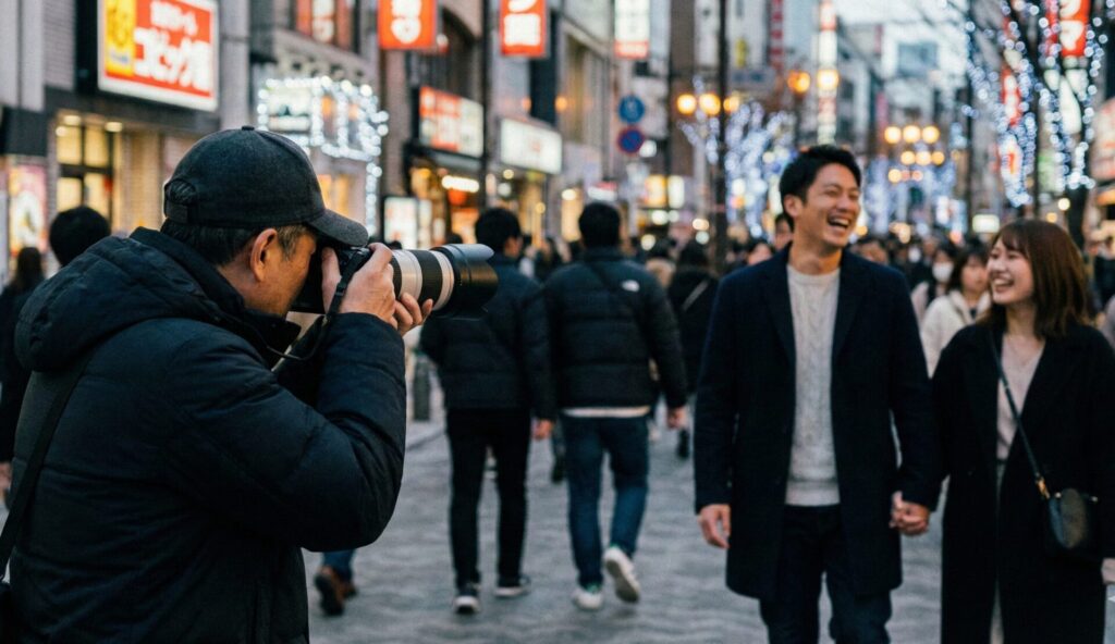 難波の雑踏の中で、警戒心を解いて楽しそうに歩くターゲット(夫と浮気相手)を、プロの探偵が望遠レンズを使用して決定的な証拠として撮影している様子。