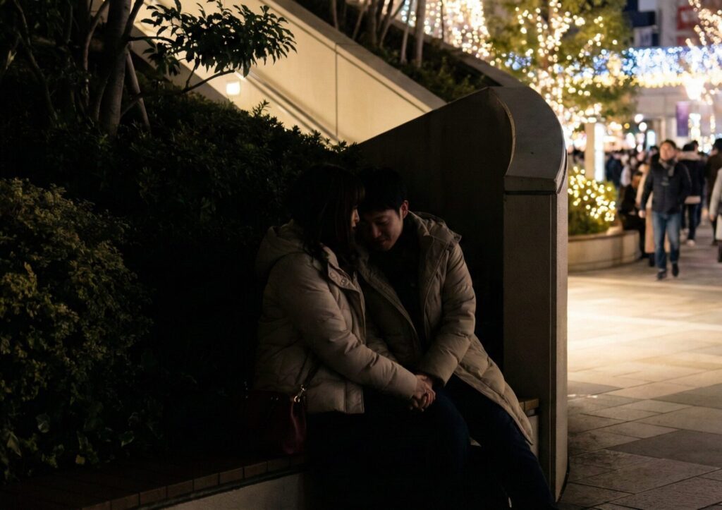 冬の難波(なんばパークス周辺)で、華やかなイルミネーションの輝きが作り出す「死角」となる暗がりで、人目を忍んで密着する浮気カップルの様子