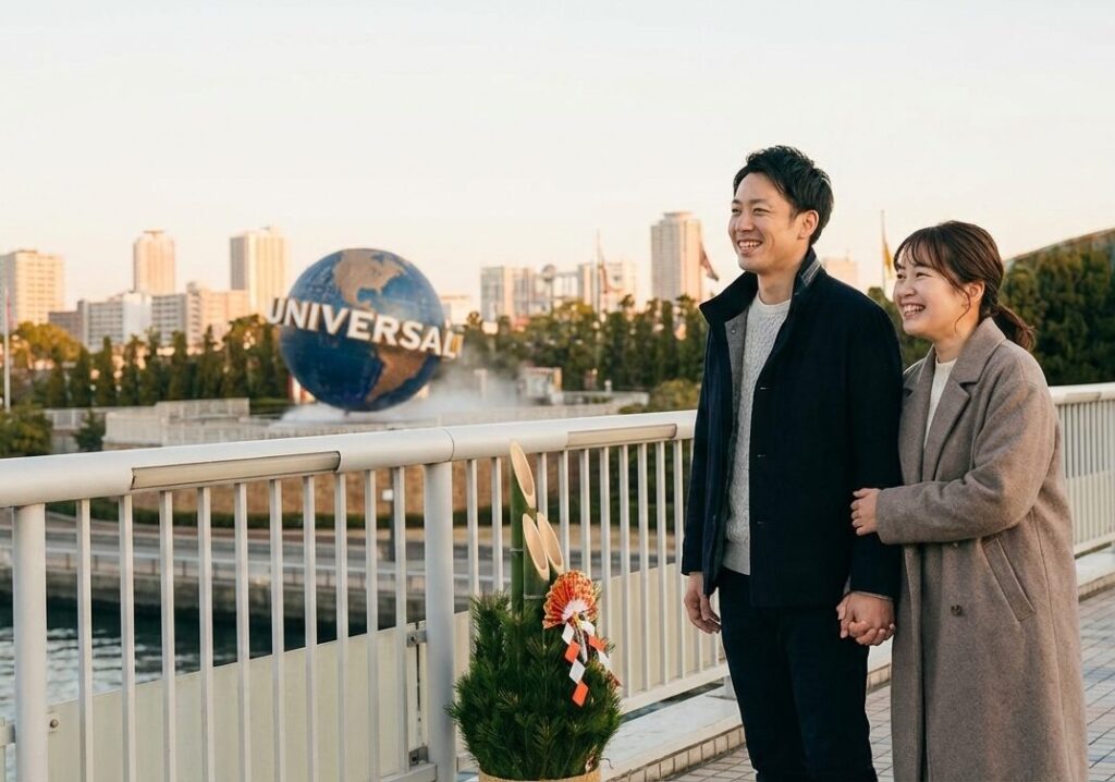 大阪市此花区のユニバーサル・スタジオ・ジャパン（USJ）の地球儀を背景に、門松が飾られた橋の上で、穏やかな笑顔で手をつなぎ新年を迎える30代くらいの夫婦の写真。浮気問題などを乗り越え、嘘のない笑顔で新しい一年をスタートさせる希望に満ちた様子を象徴している。