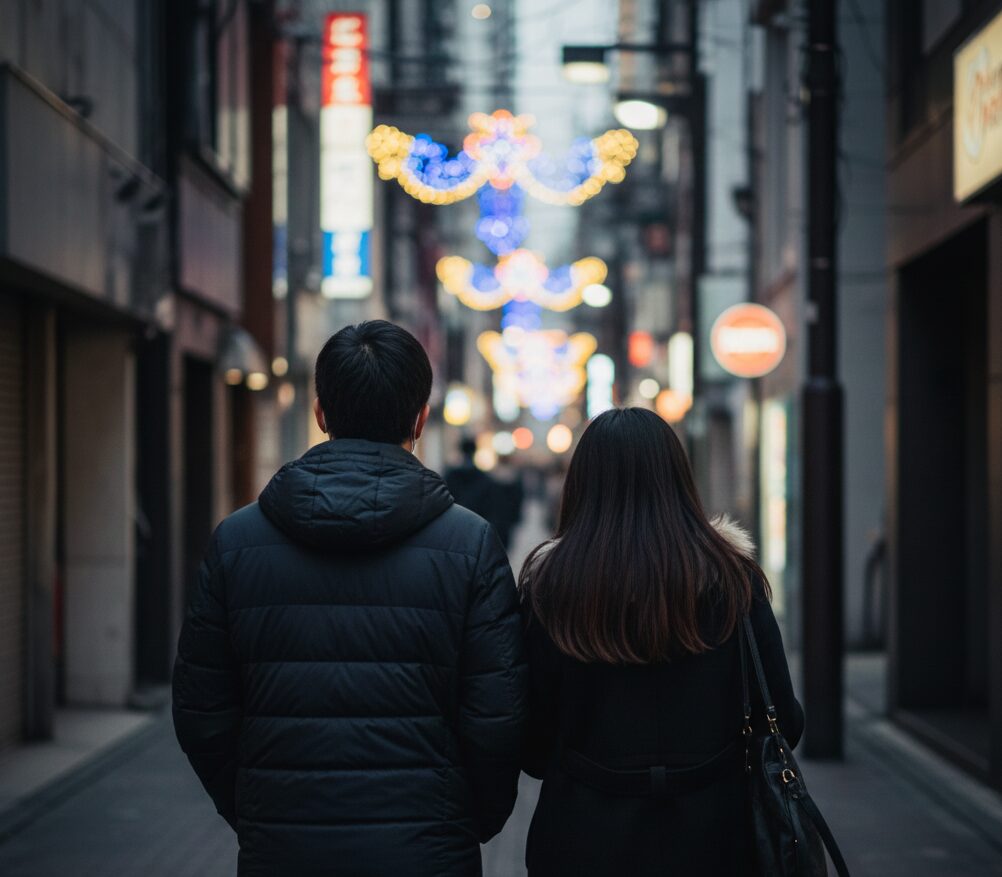 冬の難波・御堂筋のイルミネーションを背景に、多くの人が行き交う雑踏。その華やかな賑わいが、浮気の温床となり発覚を助長している様子。