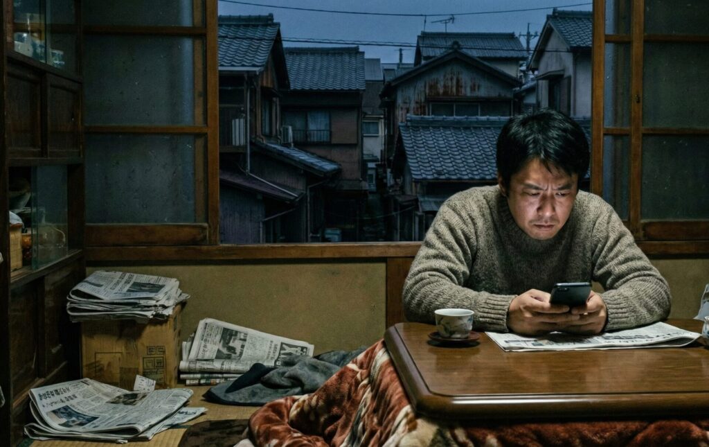 実家のこたつでスマホを見つめ、パートナーからの連絡を無視するか迷っているような罪悪感のある表情の男性。堺市での帰省中に浮気心が揺れ動く心理描写