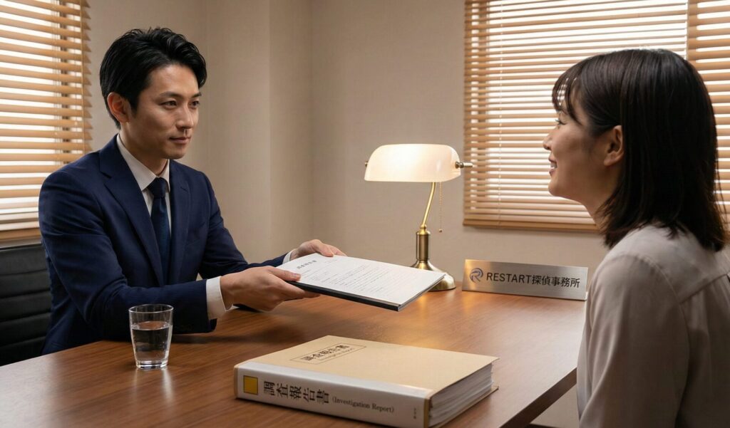 RESTART探偵事務所の個別相談室にて。男性調査員が女性の依頼者に浮気調査の「調査報告書」を手渡し、今後の解決に向けた「次の一手」を提案している様子。信頼できる雰囲気での面談シーン。