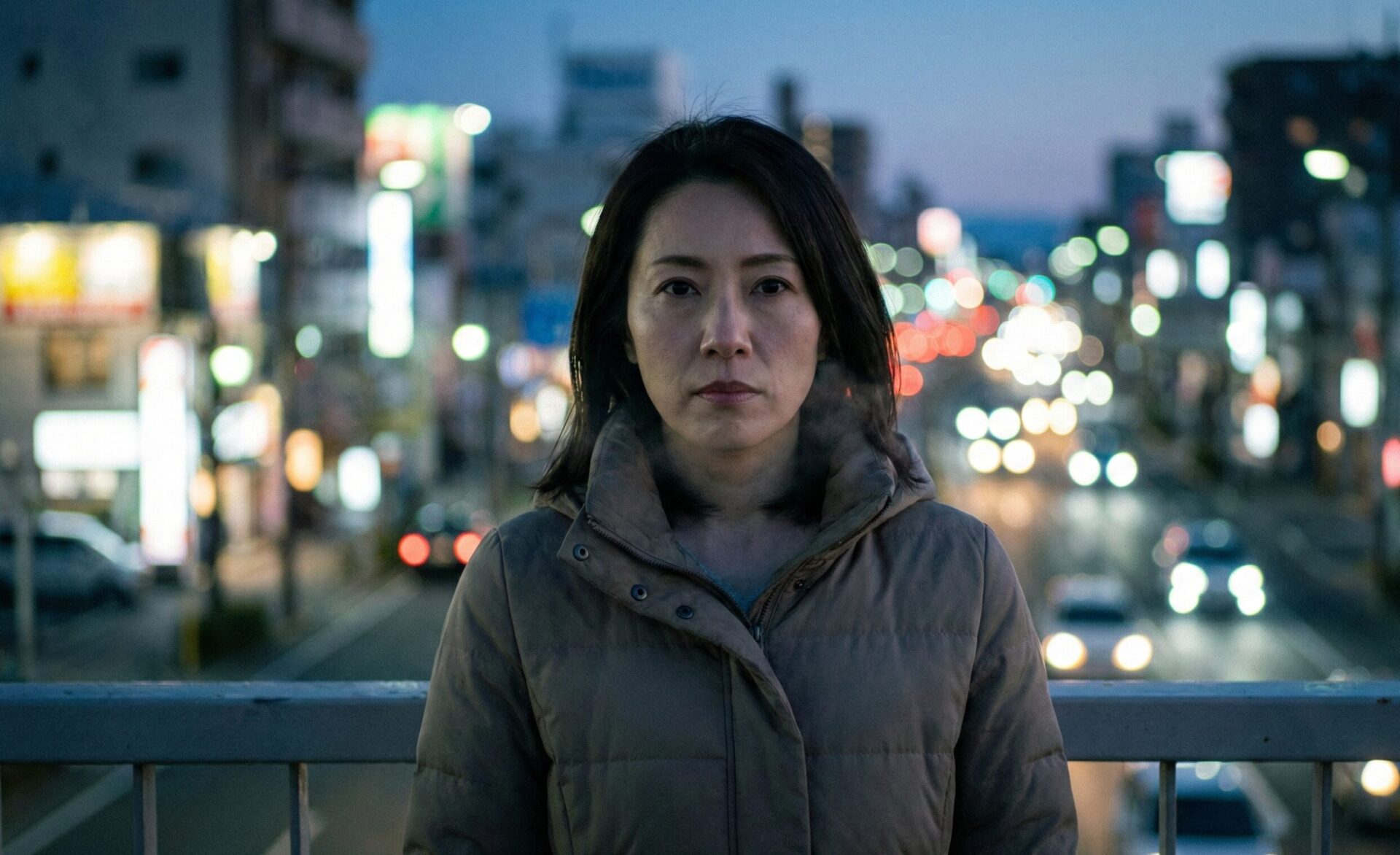 堺市堺区の夜景をバックに、浮気調査を決意し未来を見据える女性の表情