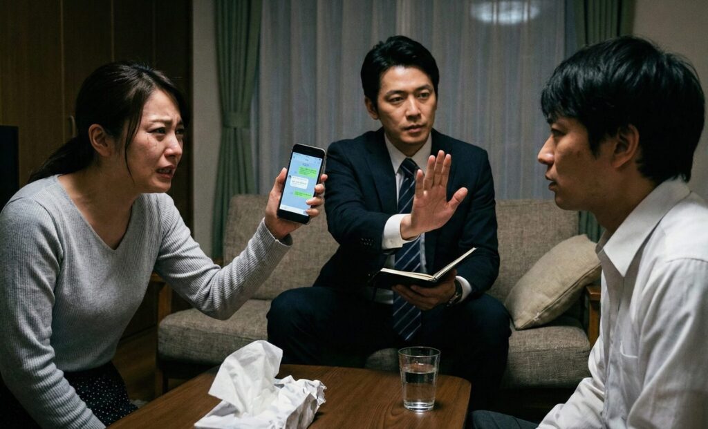 浮気が発覚した直後、怒りに震えながらスマホを握りしめ、感情的に夫を問い詰めたりSNSで拡散しようとしたりする「NG行動」のイメージ。