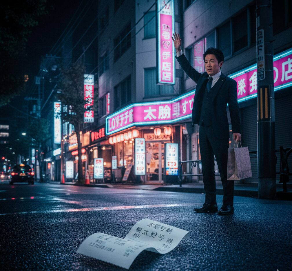 タクシー領収書とタクシーを拾うスーツ姿のサラリーマン男性