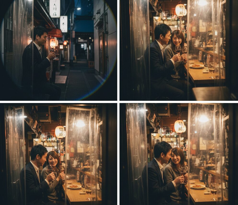 初詣のついでを装い、お初天神裏参道の狭い路地裏にあるバルで、人目を忍んでグラスを傾けるスーツ姿の男性と女性。参拝という言い訳を隠れ蓑にした、密室感のある浮気デートの様子。