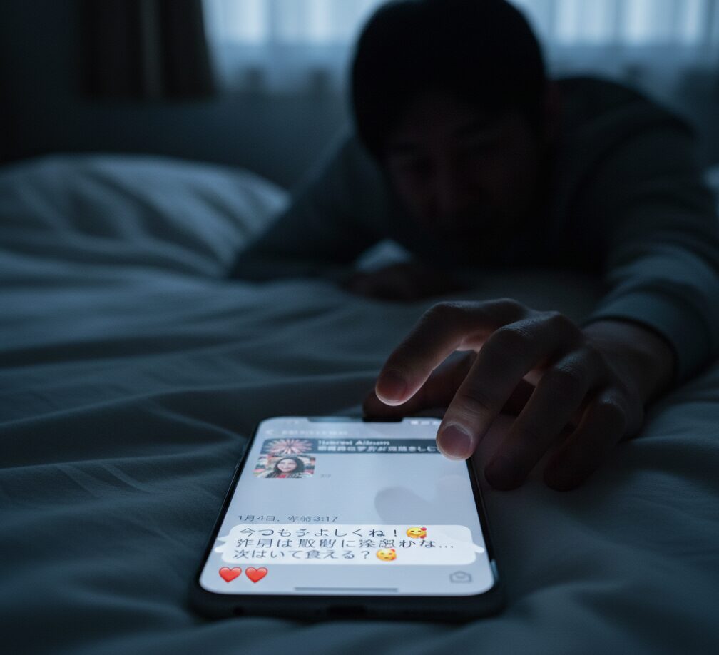 暗闇の寝室で浮気のやり取り(LINE)を見つけた瞬間