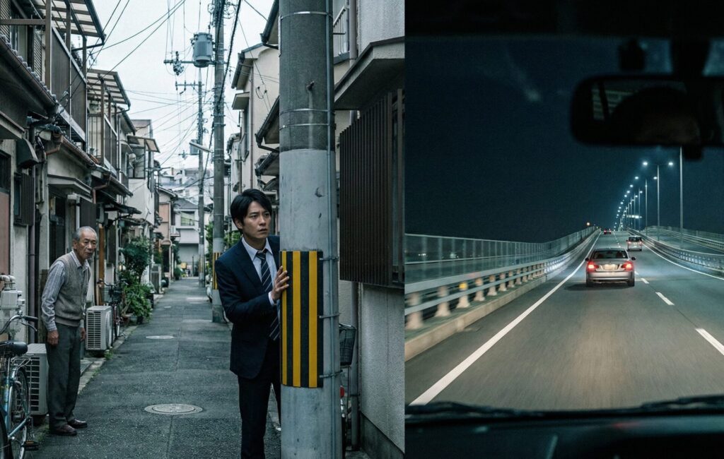 大阪市此花区の狭い路地で住民に見つかりそうになりながら電柱の陰に隠れる男性（左）と、夜間の舞洲へ向かう一本道の橋で前の車を追尾する視点（右）。素人による尾行や張り込みが地形的要因でバレやすいリスクを表現した分割画像。