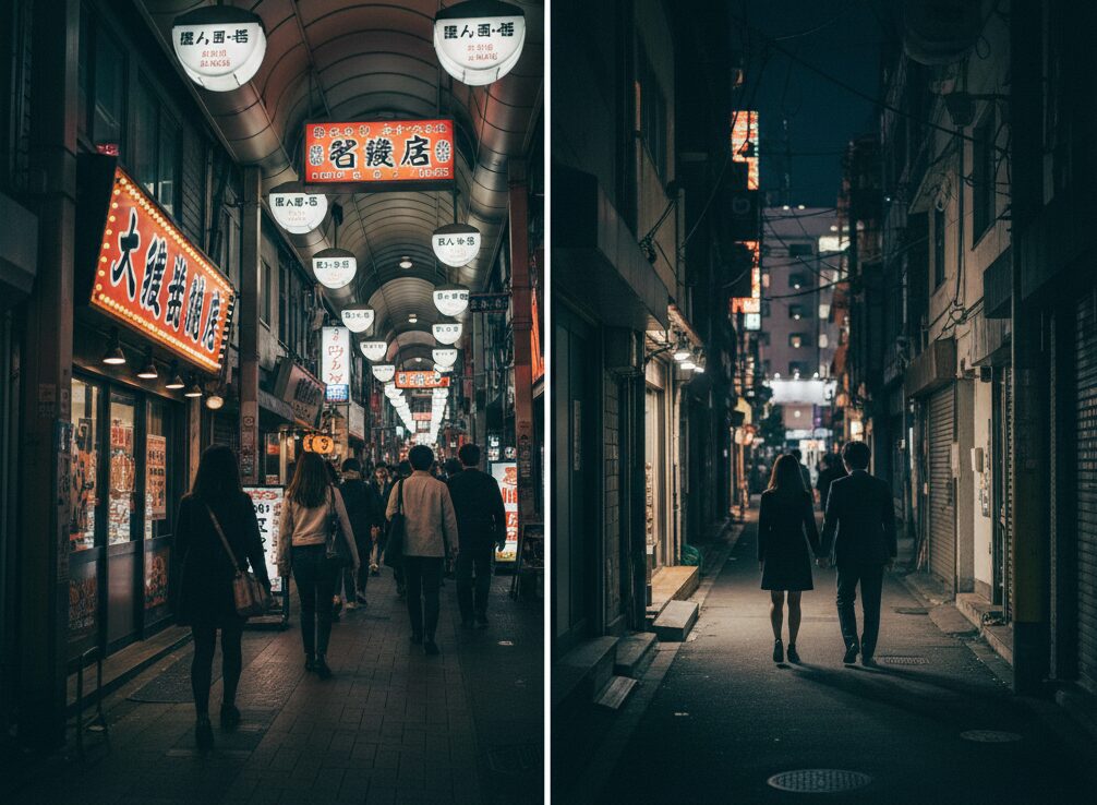 大阪・梅田の阪急東通商店街の入り口付近で、夫の帰りを不安そうに待つ妻。居酒屋街とホテル街が隣接するこの危険なエリアで、連絡が途絶えた夫を案じている様子。