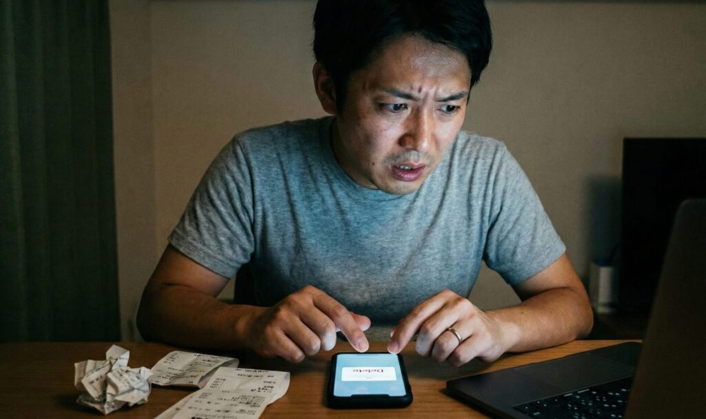 浮気がバレそうになり、深夜の部屋で焦りながらスマホの履歴を削除し、レシートを破棄して証拠隠滅を図る日本人男性(夫)の様子。