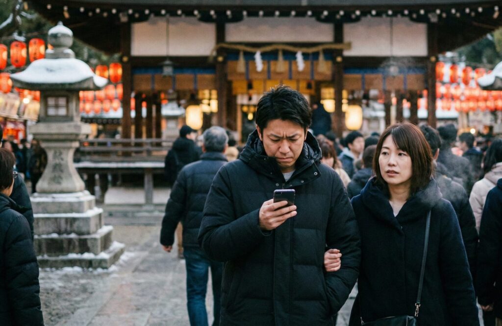 住吉大社や方違神社での初詣デート中に、人目を忍んで歩くカップル。人混みを理由に連絡が途絶える浮気の現場イメージ。
