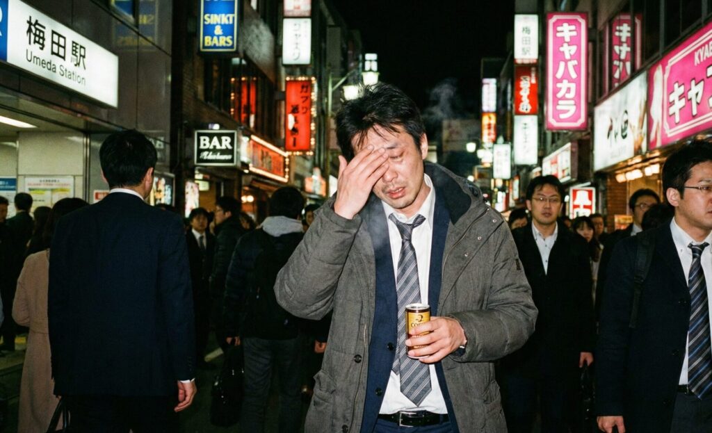 正月明けの夜、大阪・梅田のネオン街で、疲れ切った表情で顔を覆うスーツ姿の男性。年末年始の家族サービスから解放された反動(心理的リバウンド)で、浮気心が生じやすい状況を象徴する一枚。